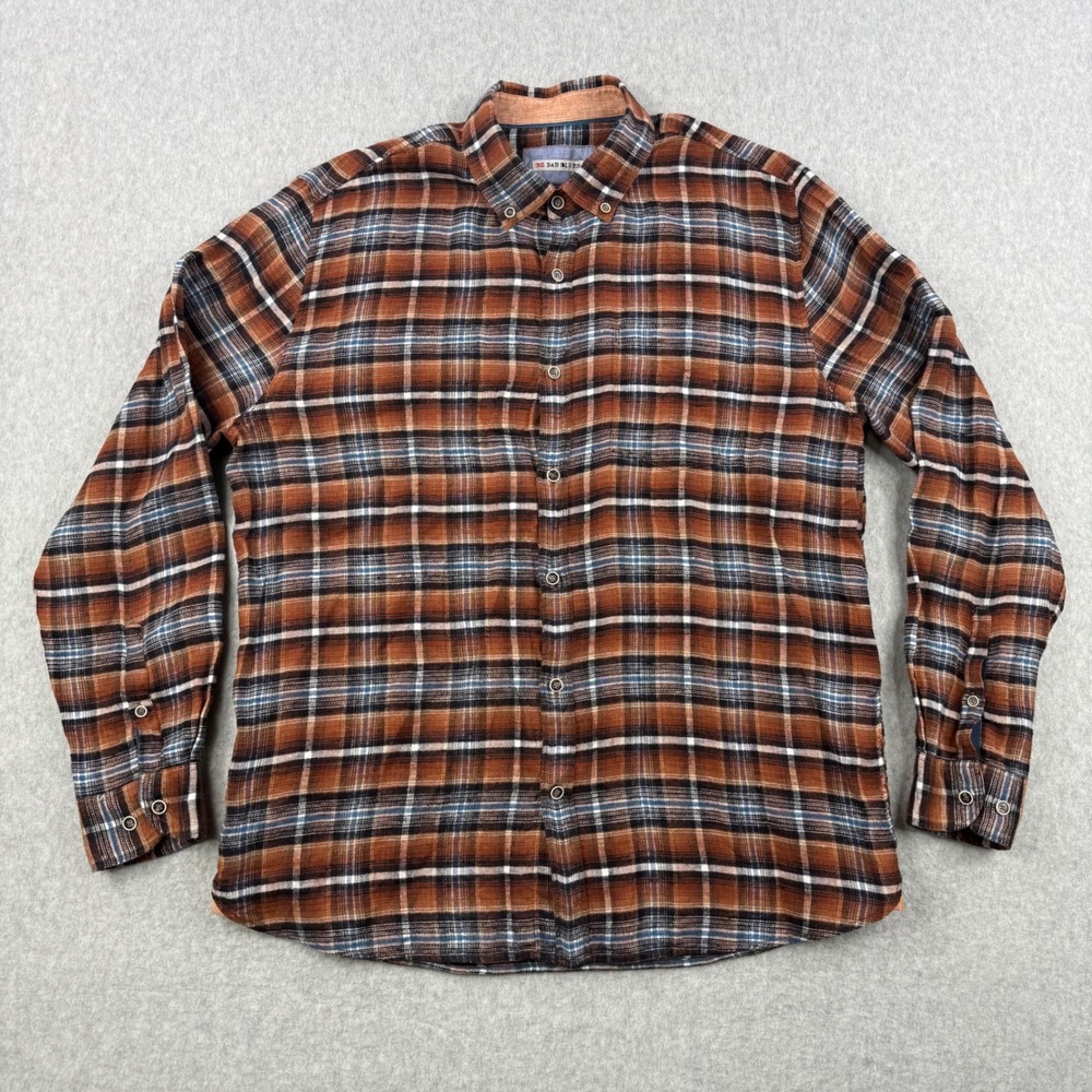 32 Bar Blues Shirt Mens Large Brown Plaid 100% Linen Button Down Long Sleeve